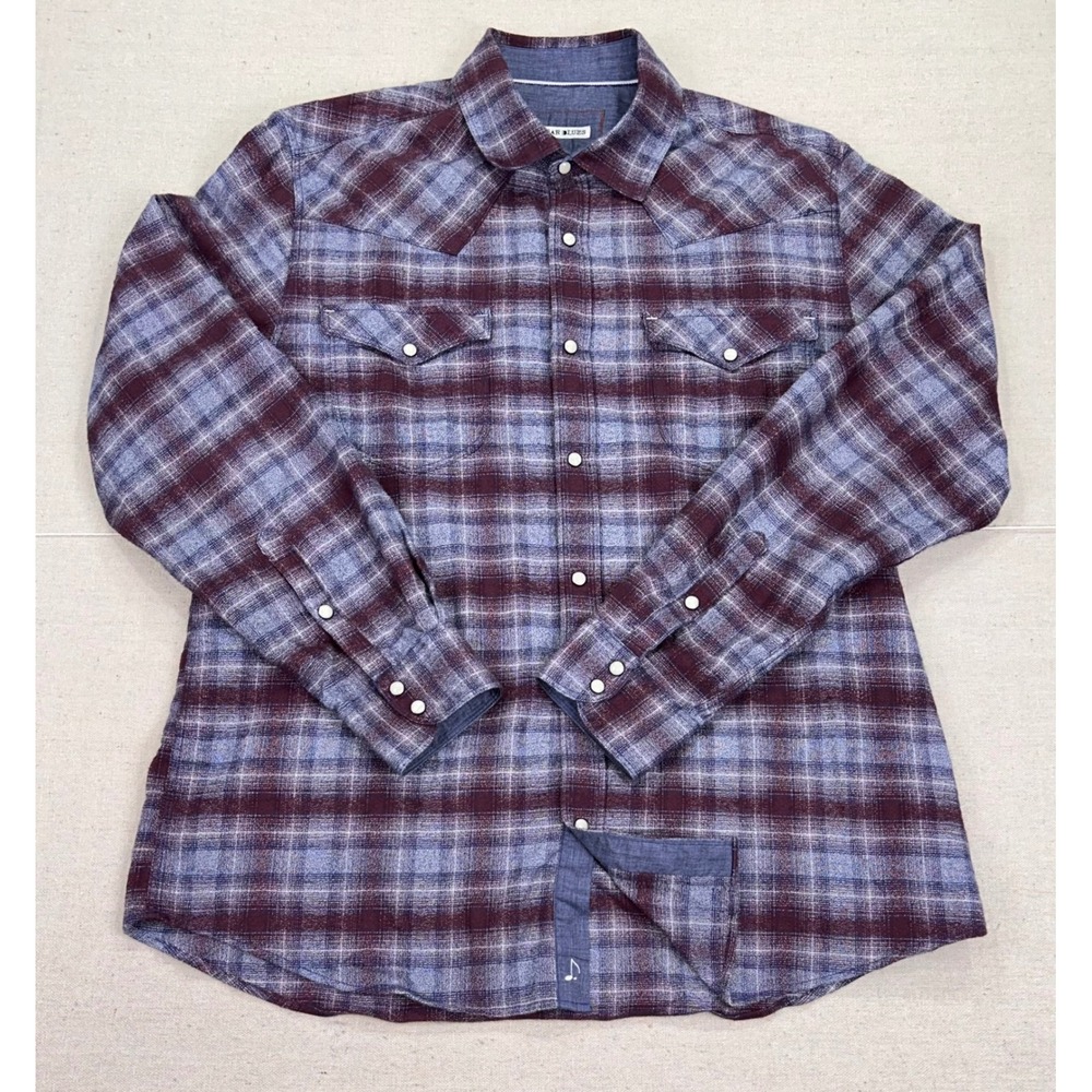 32 Bar Blues Mens Large Western Pearl Snap Flannel Shirt Purple Blue Plaid
